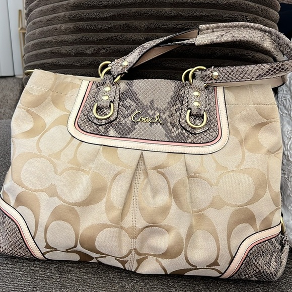 Coach Beige Signature Canvas And Python Embossed Leather Ashley Tote - Picture 9 of 16